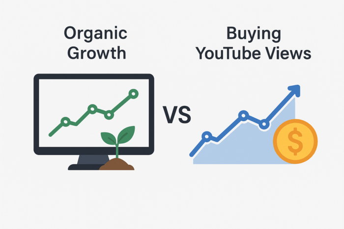 "Comparison of YouTube organic growth versus buying YouTube views showing slow natural growth and fast boost from purchased views"