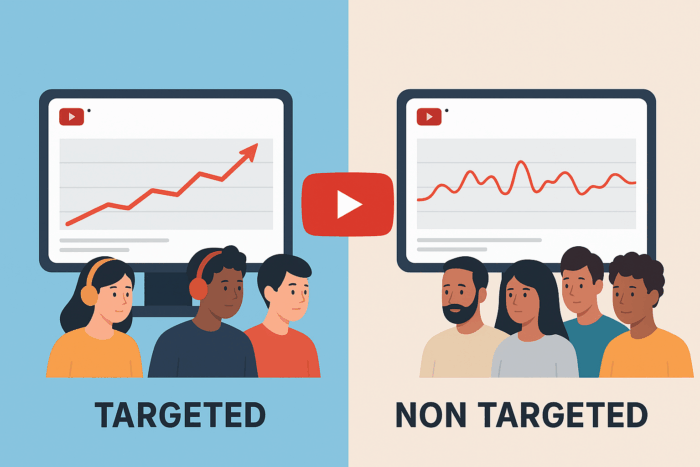 Split screen showing Targeted vs Non Targeted YouTube Views with graphs and viewers