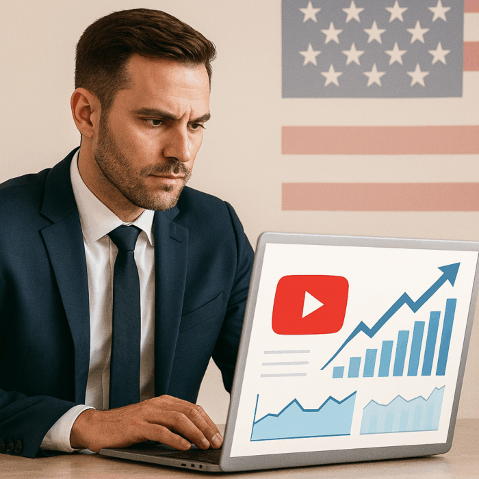 A professional marketer analyzing YouTube channel growth statistics on a laptop with USA audience insights.